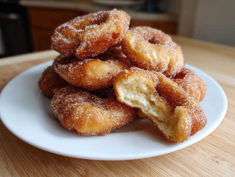 A stack of freshly fried buñuelos coated in cinnamon sugar, with one broken open showing the fluffy interior.