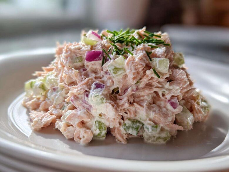 A mound of creamy salmon salad mixed with diced celery and red onion, topped with fresh chives, ready to eat.