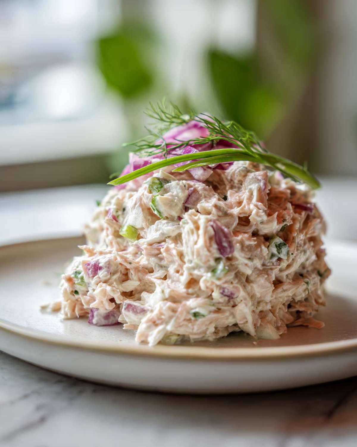 A mound of creamy salmon salad mixed with red onion and topped with fresh dill and chives.