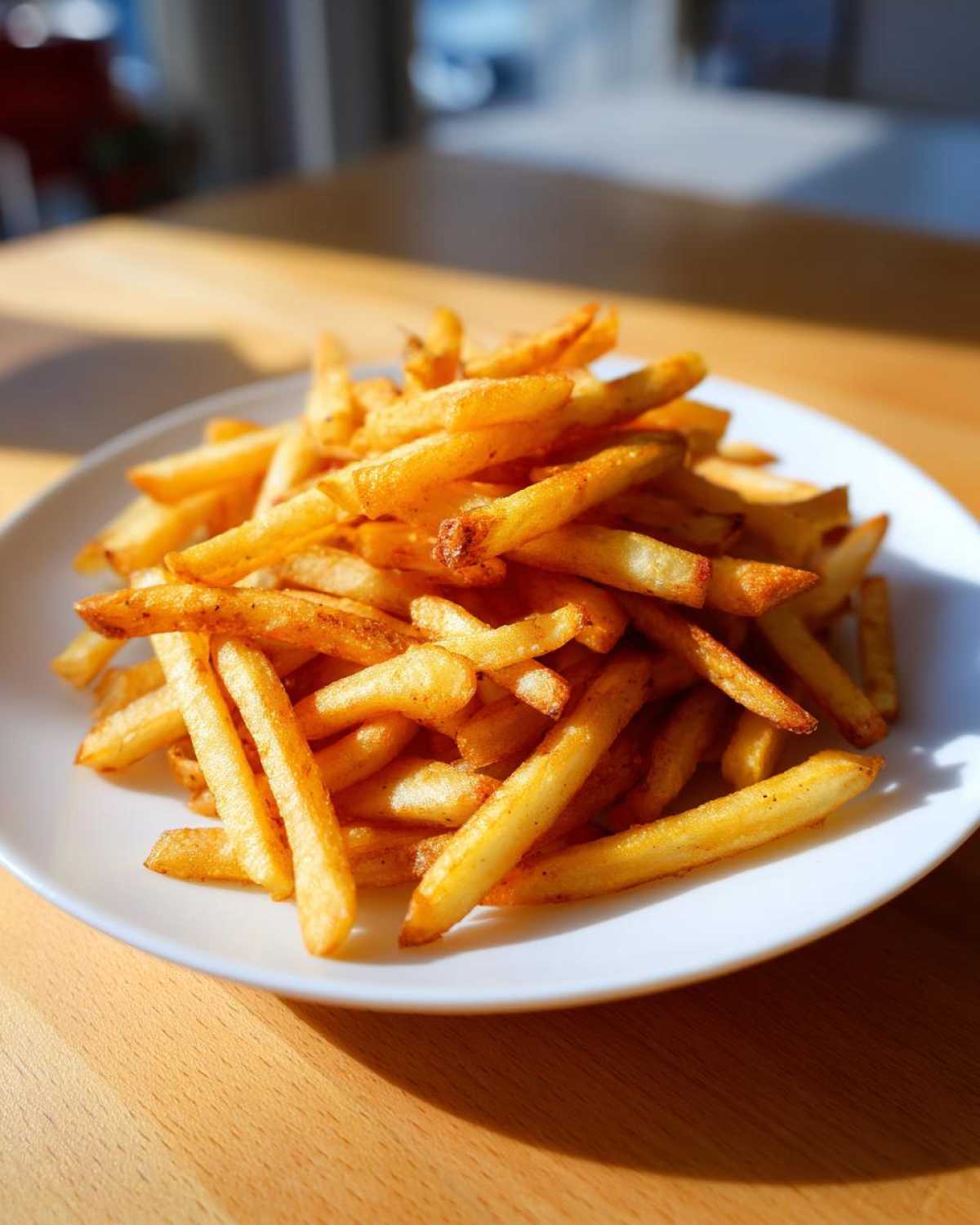 A generous serving of golden, crispy air fryer french fries piled high on a white plate.