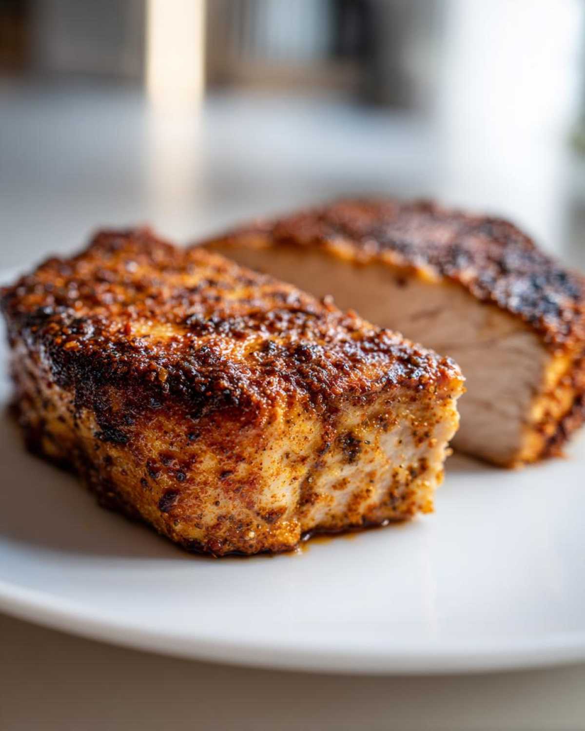 Close-up of a thick, juicy air fryer pork chop, sliced to show the perfectly cooked interior and seasoned crust.