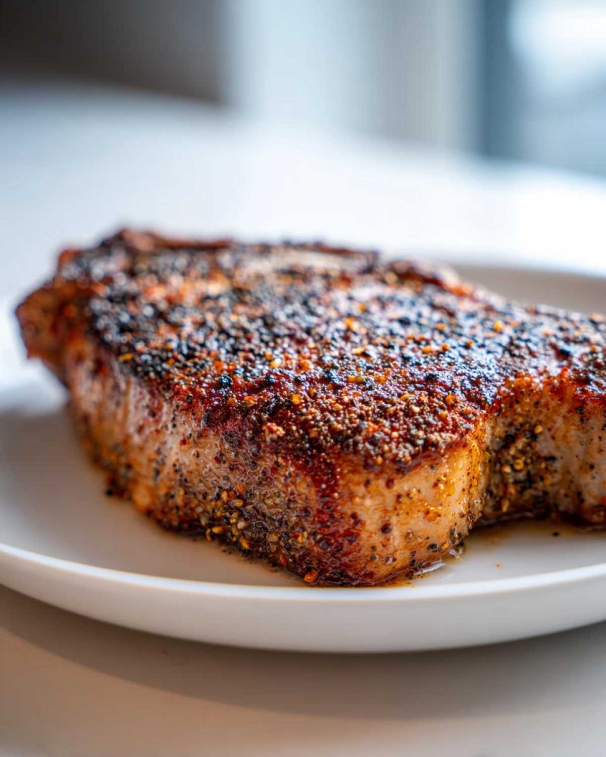 Close-up of a thick, juicy air fryer pork chop heavily seasoned with black pepper and spices, resting on a white plate.