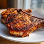 Close-up of a beautifully browned and seasoned air fryer pork chop resting on a white plate.