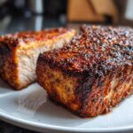 Close-up of two thick, juicy air fryer pork chops with a dark, heavily seasoned, crispy crust.