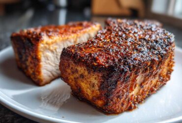 Close-up of two thick, juicy air fryer pork chops with a dark, heavily seasoned, crispy crust.