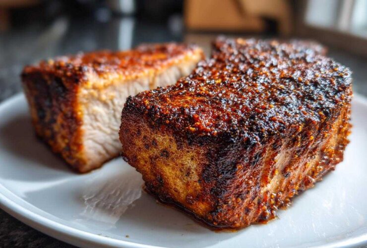 Close-up of two thick, juicy air fryer pork chops with a dark, heavily seasoned, crispy crust.