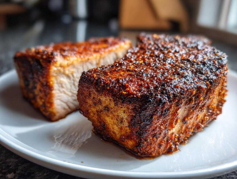 Close-up of two thick, juicy air fryer pork chops with a dark, heavily seasoned, crispy crust.