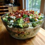 A large glass bowl filled with a creamy 7 layer salad, featuring broccoli florets and topped generously with crumbled bacon.