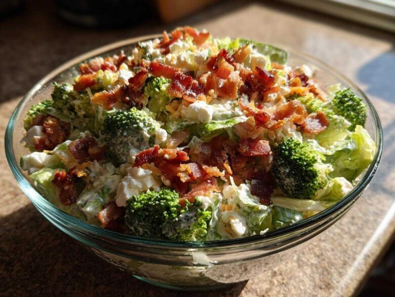 A close-up view of a glass bowl filled with Amazing 7 layer salad, topped generously with crumbled bacon.