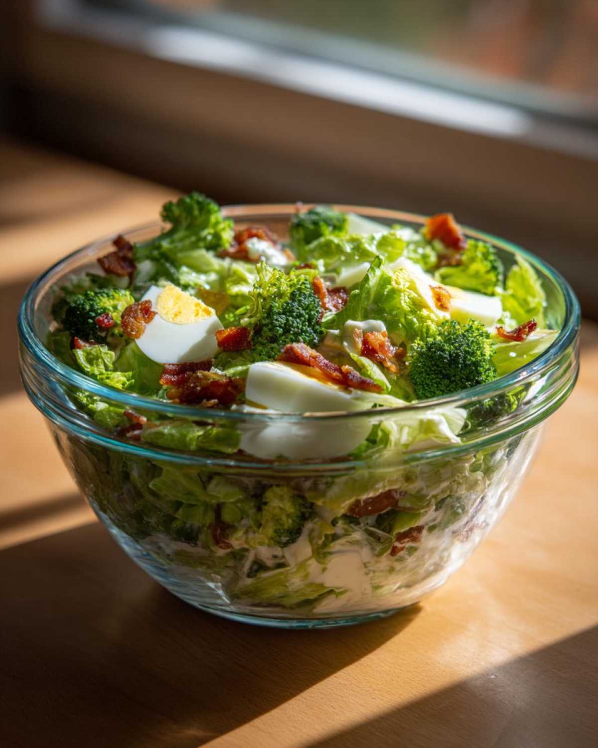 A clear glass bowl filled with a vibrant Amazing 7 Layer Salad featuring lettuce, broccoli florets, bacon bits, and hard-boiled egg slices.