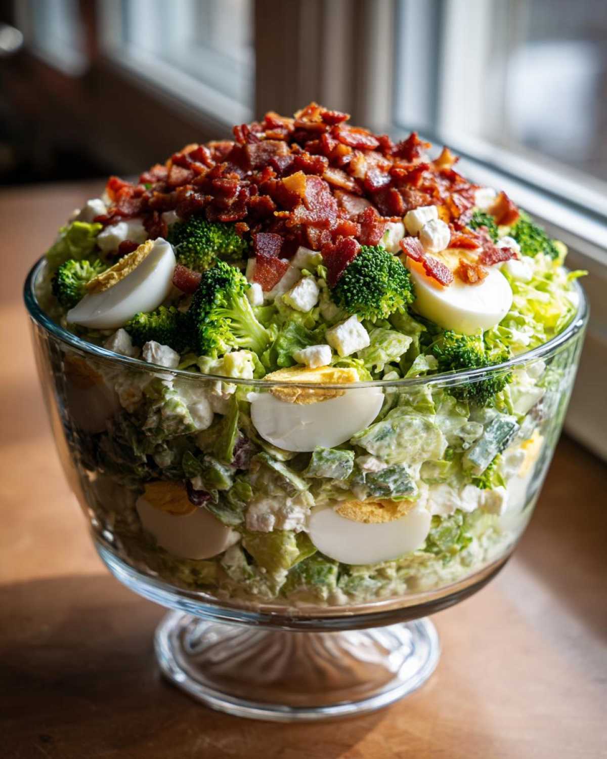 A beautiful, fully assembled 7 layer salad topped generously with crumbled bacon, broccoli florets, and hard-boiled egg slices.