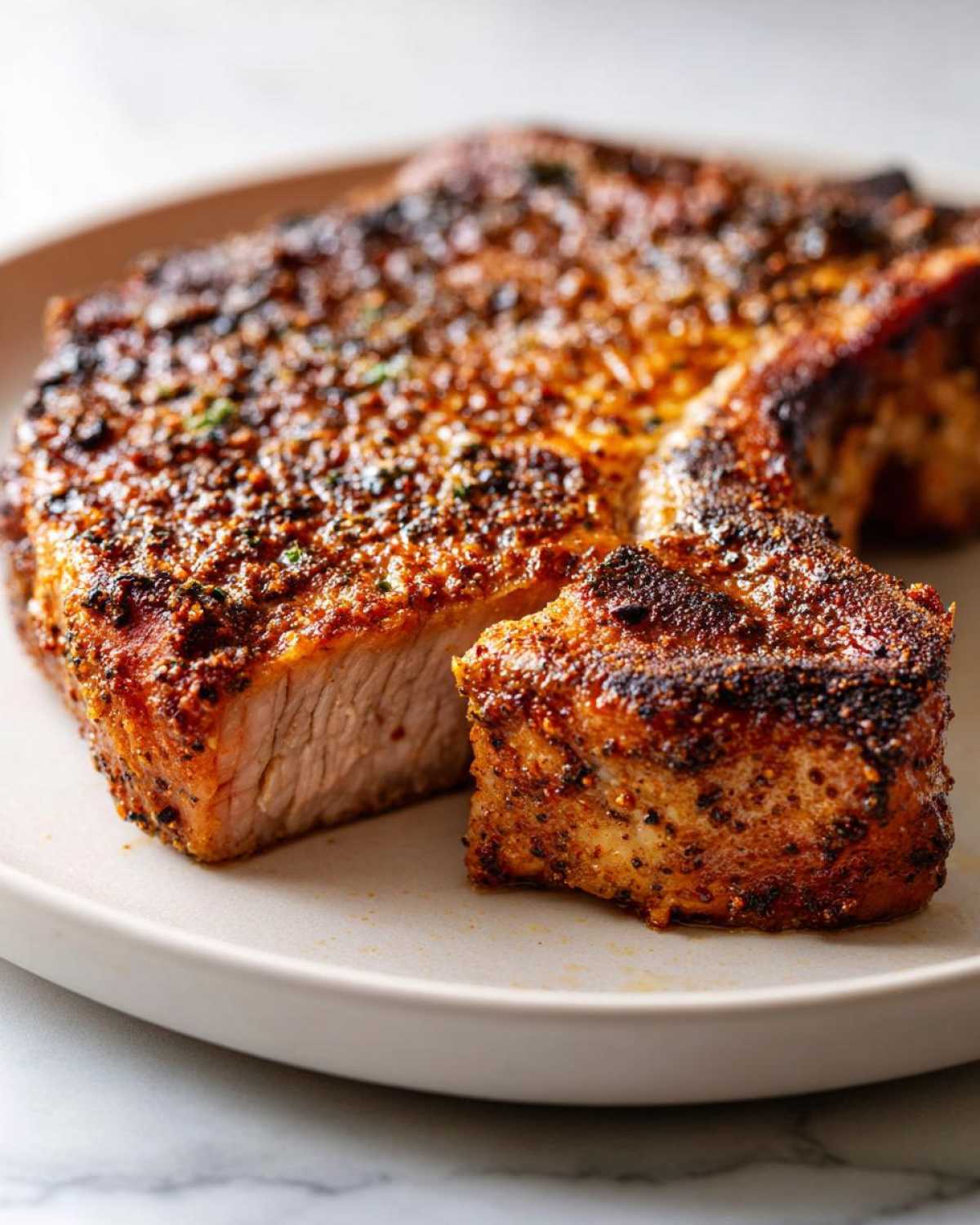 Close-up of a thick, juicy air fryer pork chop, seasoned and seared, with a small piece cut off to show the interior.