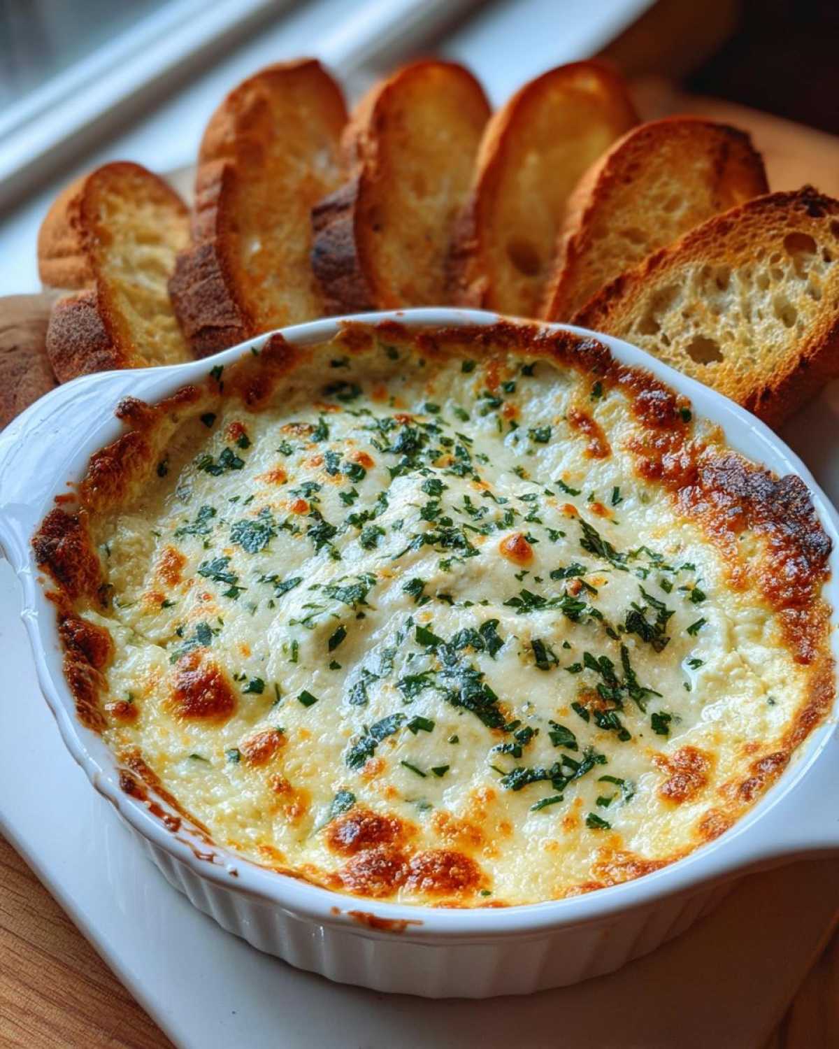Close-up of a hot, cheesy baked bread dip topped with parsley, served with toasted bread slices.