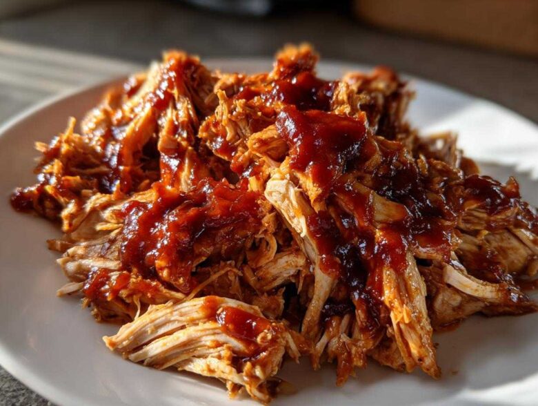 Close-up of shredded bbq chicken generously topped with rich, dark barbecue sauce on a white plate.