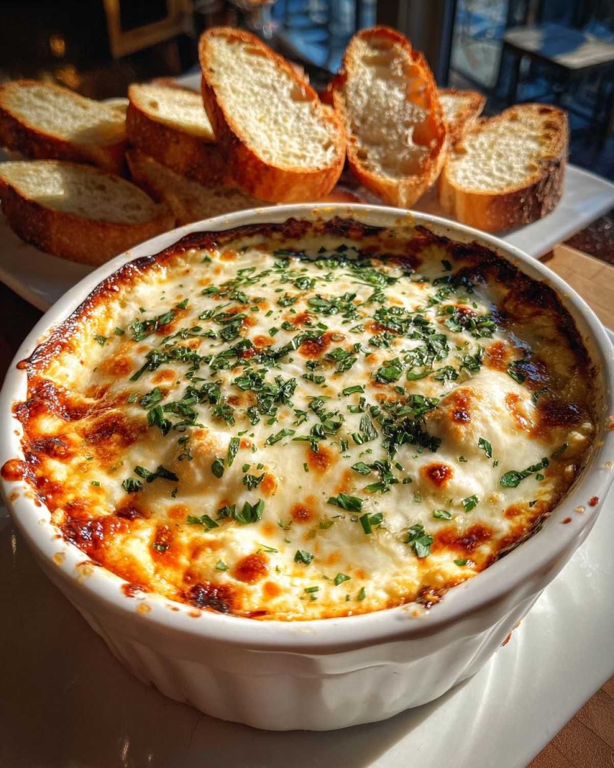 Close-up of a hot, cheesy baked bread dip topped with parsley, served with slices of toasted baguette.