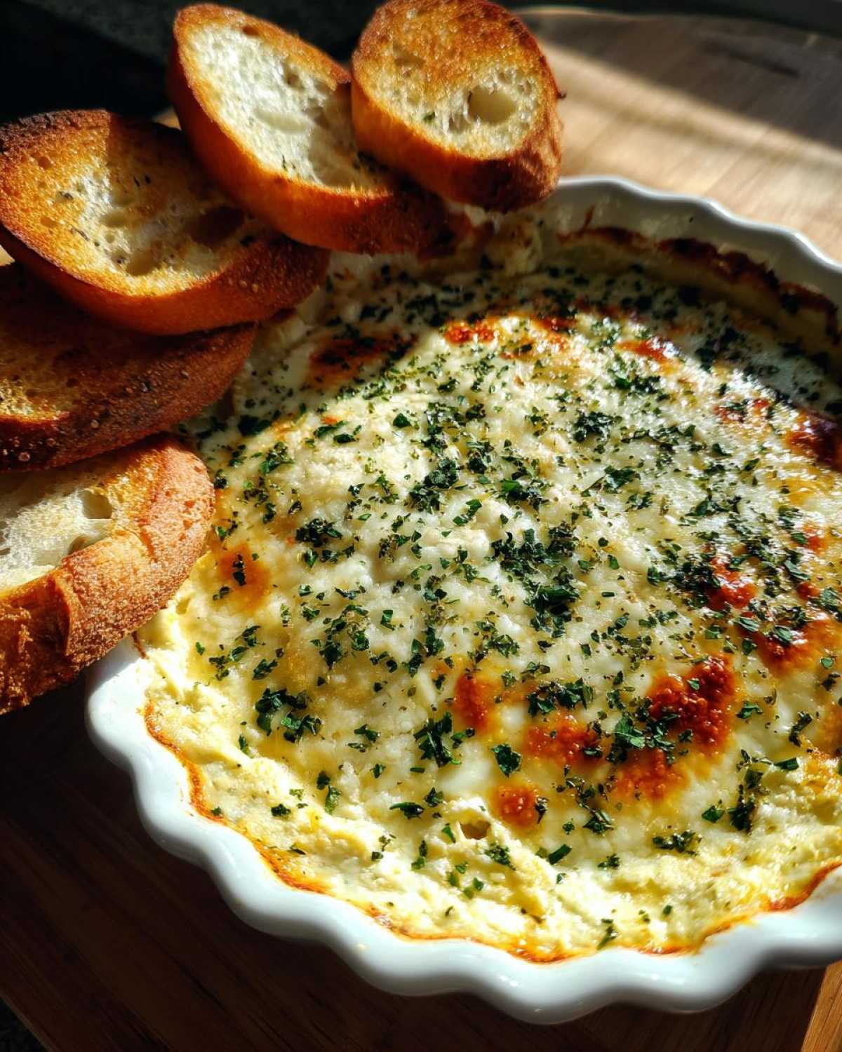 Close-up of a hot, cheesy baked bread dip topped with parsley, served with toasted baguette slices.