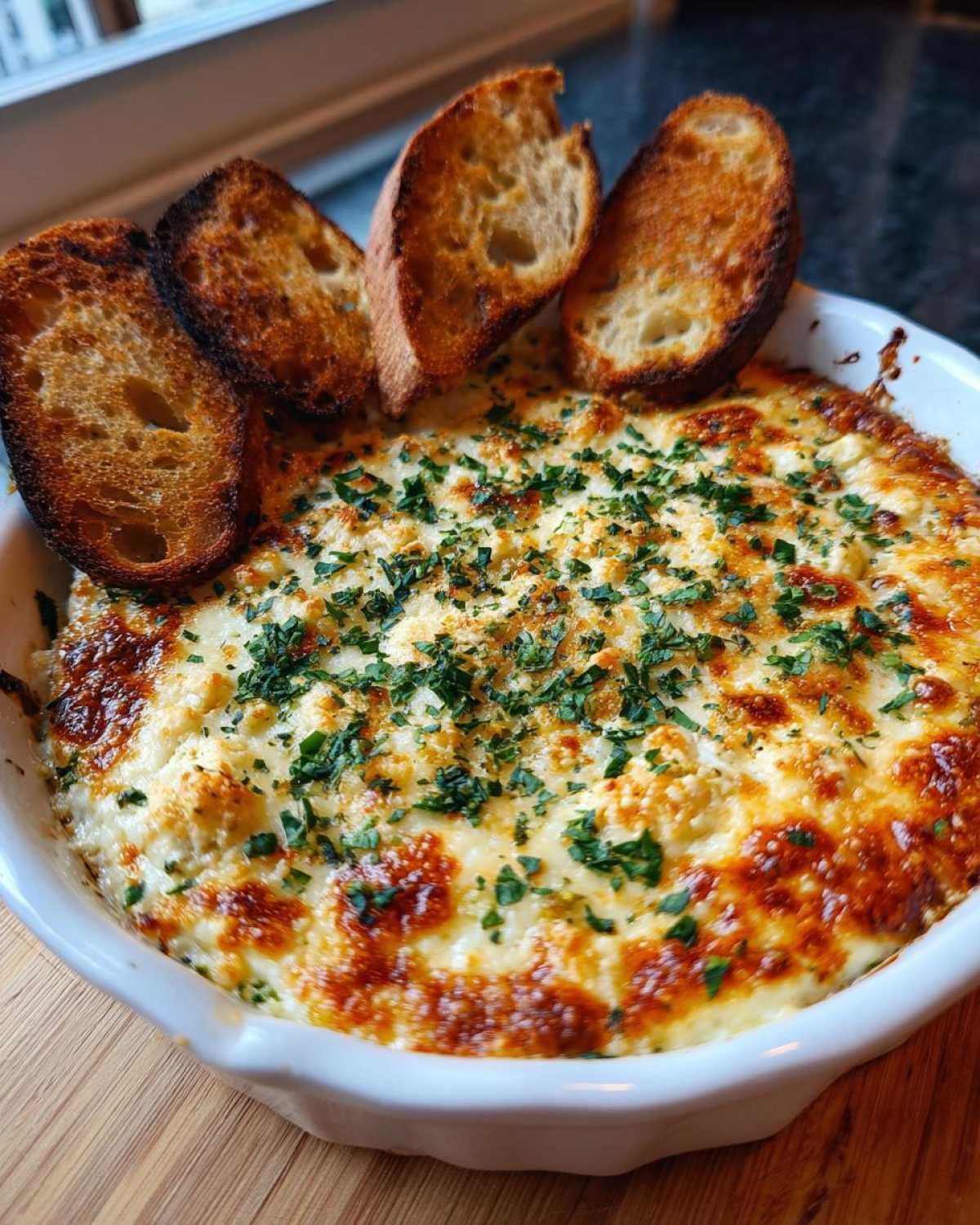 A bubbling, hot cheesy bread dip topped with parsley, served with four slices of toasted bread for dipping.