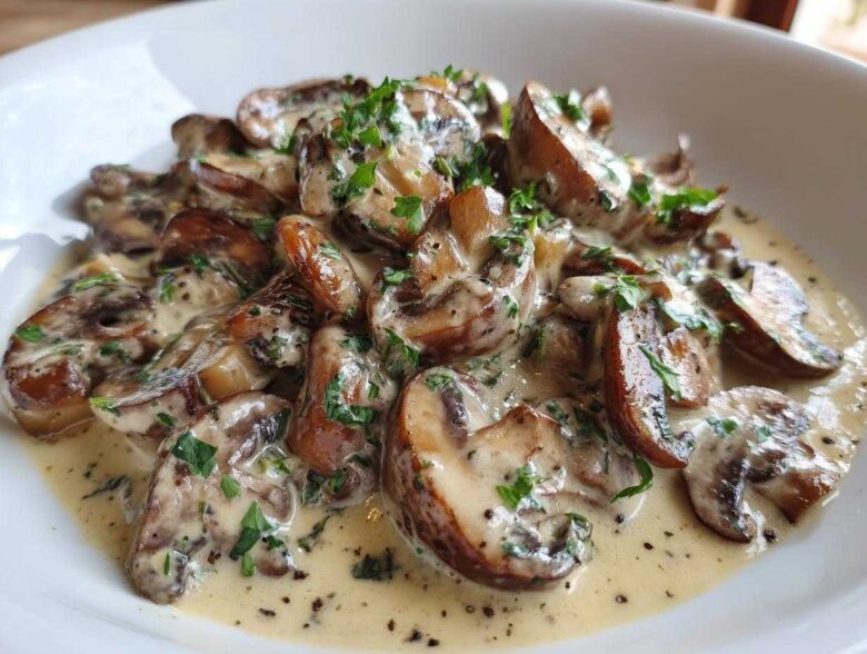 Close-up of rich, creamy mushroom sauce generously covering sliced, sautéed mushrooms, garnished with fresh parsley.