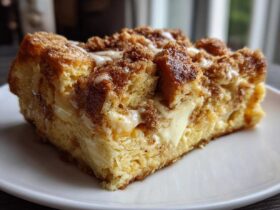 Close-up of a square slice of rich french toast casserole topped with cinnamon streusel and vanilla glaze.
