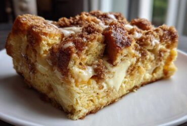 Close-up of a square slice of rich french toast casserole topped with cinnamon streusel and vanilla glaze.