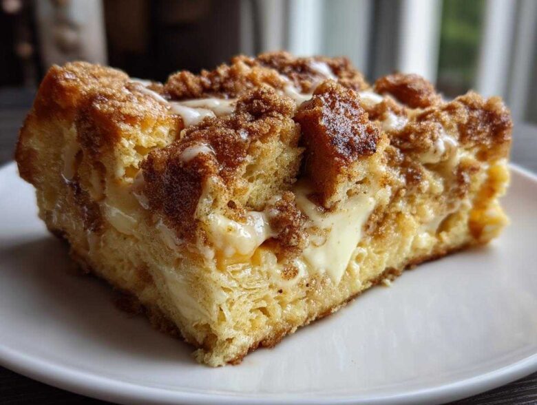 Close-up of a square slice of rich french toast casserole topped with cinnamon streusel and vanilla glaze.