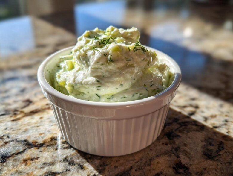 A close-up of creamy, chunky pickle dip topped with dill, served in a small white fluted ramekin.