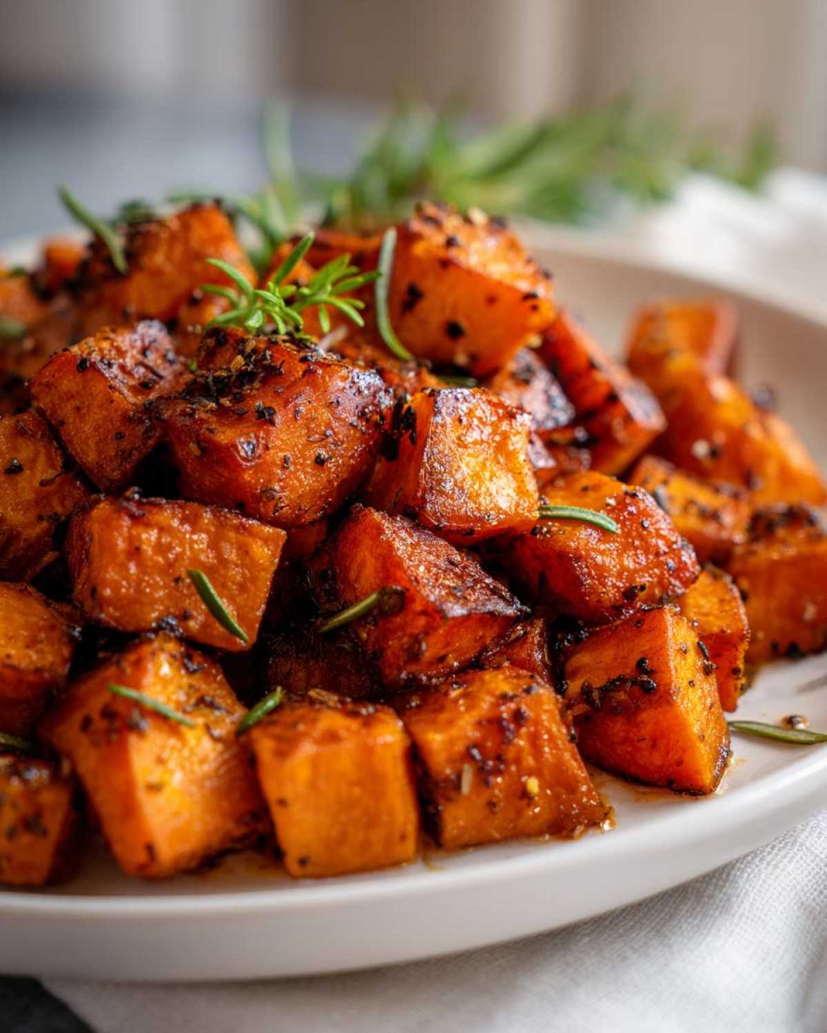 Close-up of perfectly caramelized, cubed roasted sweet potatoes seasoned with herbs like rosemary.