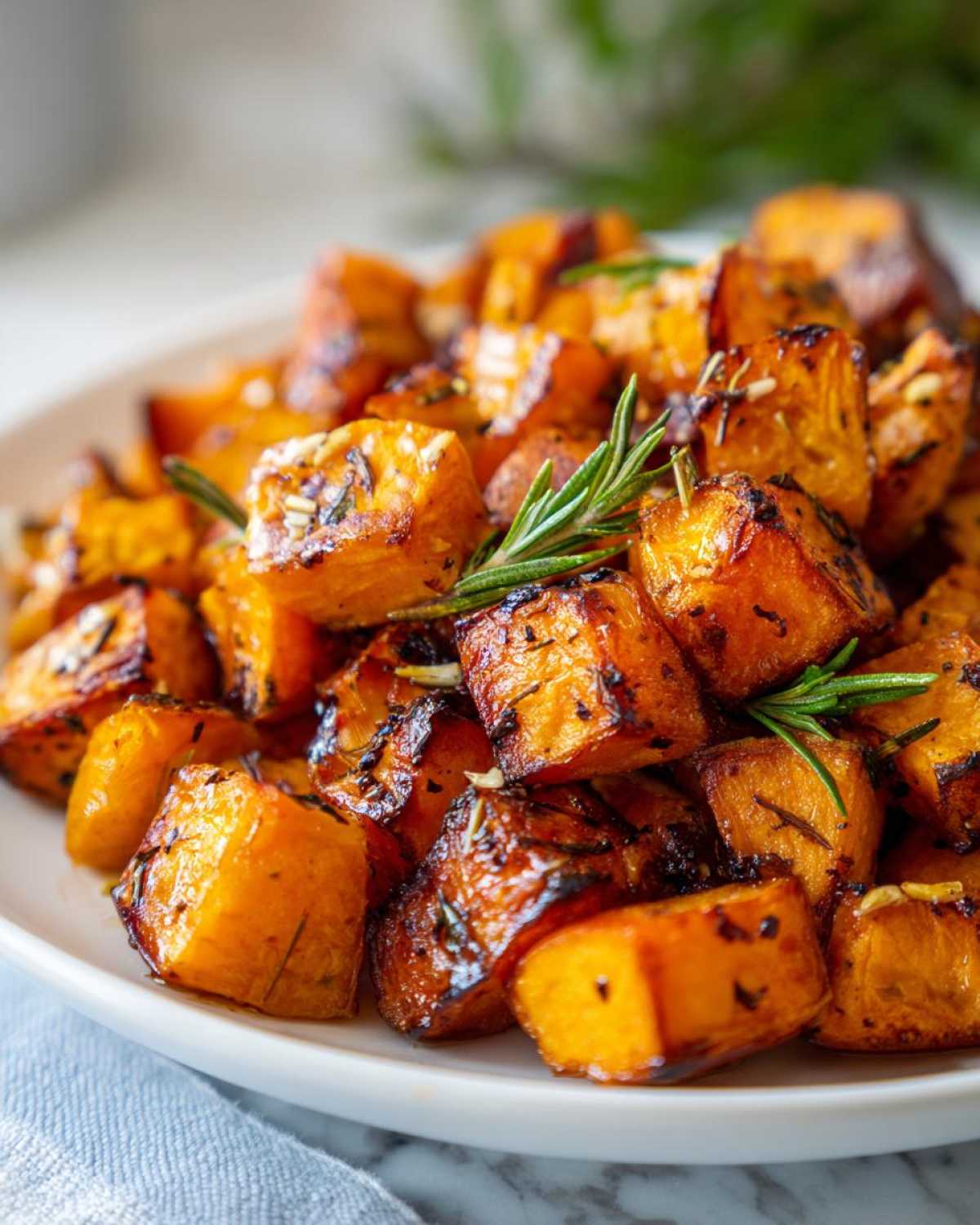 Close-up of perfectly caramelized roasted sweet potatoes cubes seasoned with herbs and garnished with fresh rosemary sprigs.