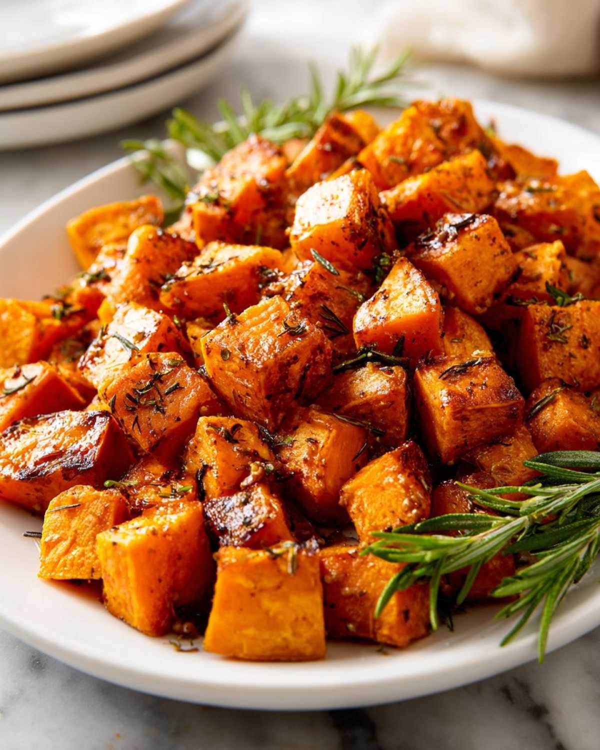 Close-up of glistening, cubed roasted sweet potatoes seasoned with herbs and garnished with fresh rosemary sprigs.