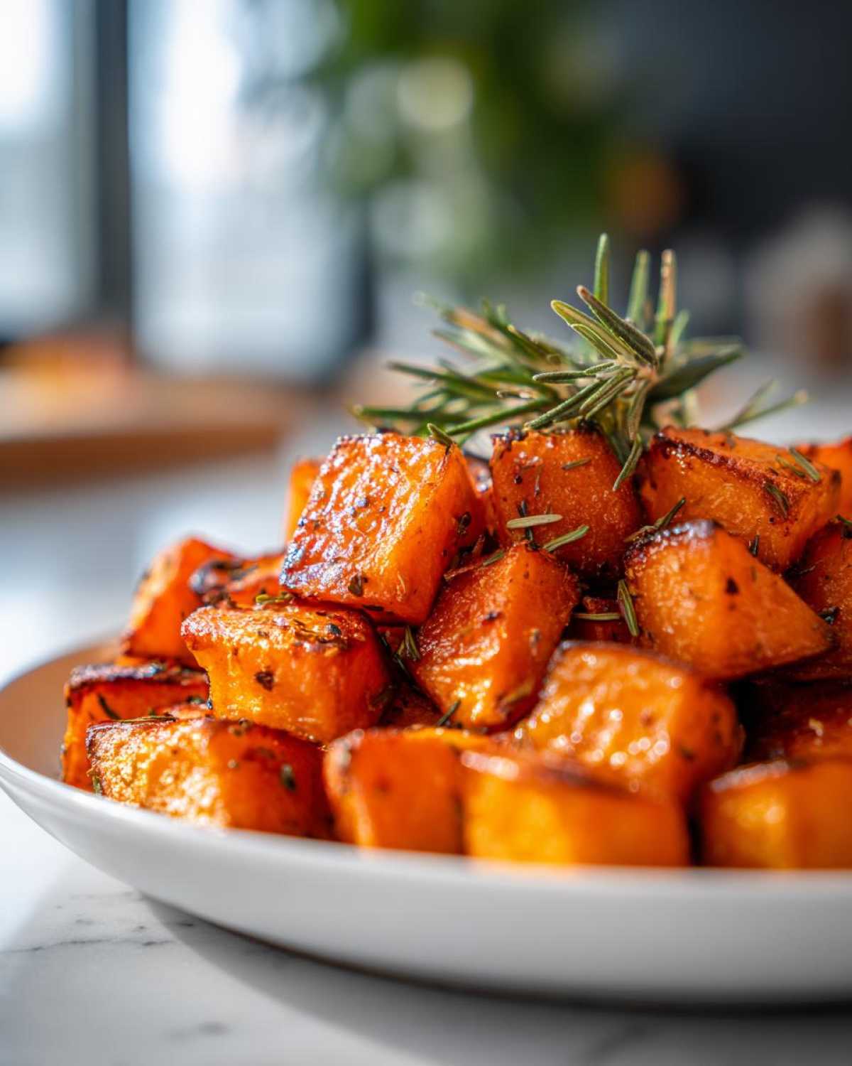 Close-up of caramelized roasted sweet potatoes seasoned with herbs and topped with fresh rosemary sprigs.
