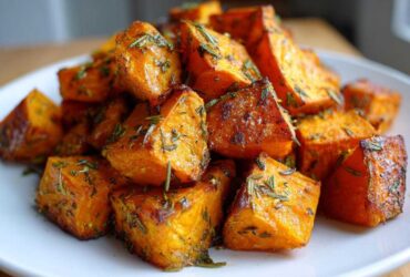 Close-up of perfectly caramelized roasted sweet potatoes seasoned with rosemary.