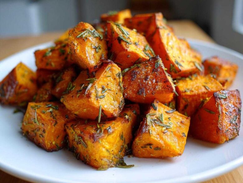 Close-up of perfectly caramelized roasted sweet potatoes seasoned with rosemary.