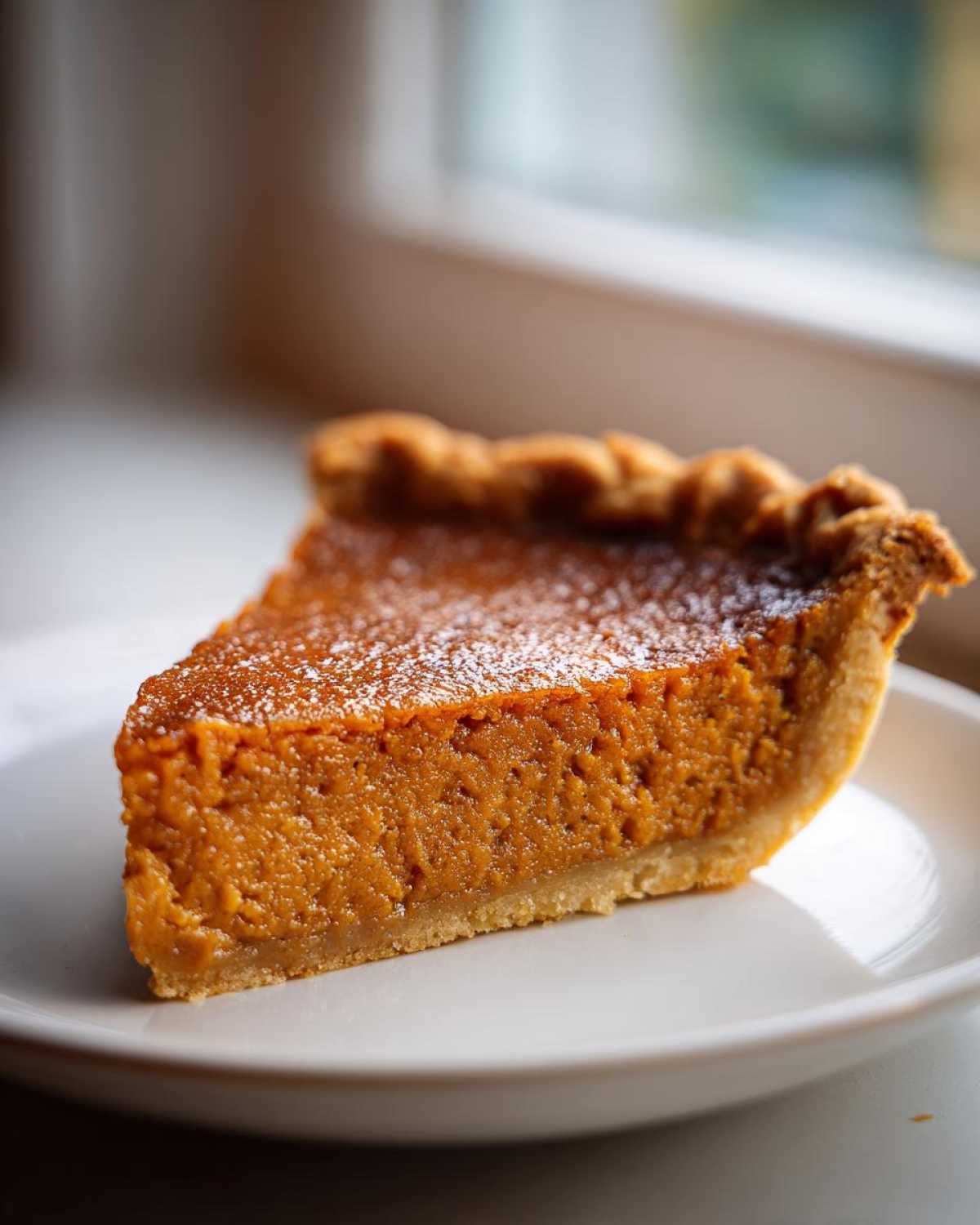 Close-up of a thick slice of amazing sweet potato pie dusted with powdered sugar on a white plate.