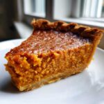 A close-up of a thick, glistening slice of sweet potato pie on a white plate.
