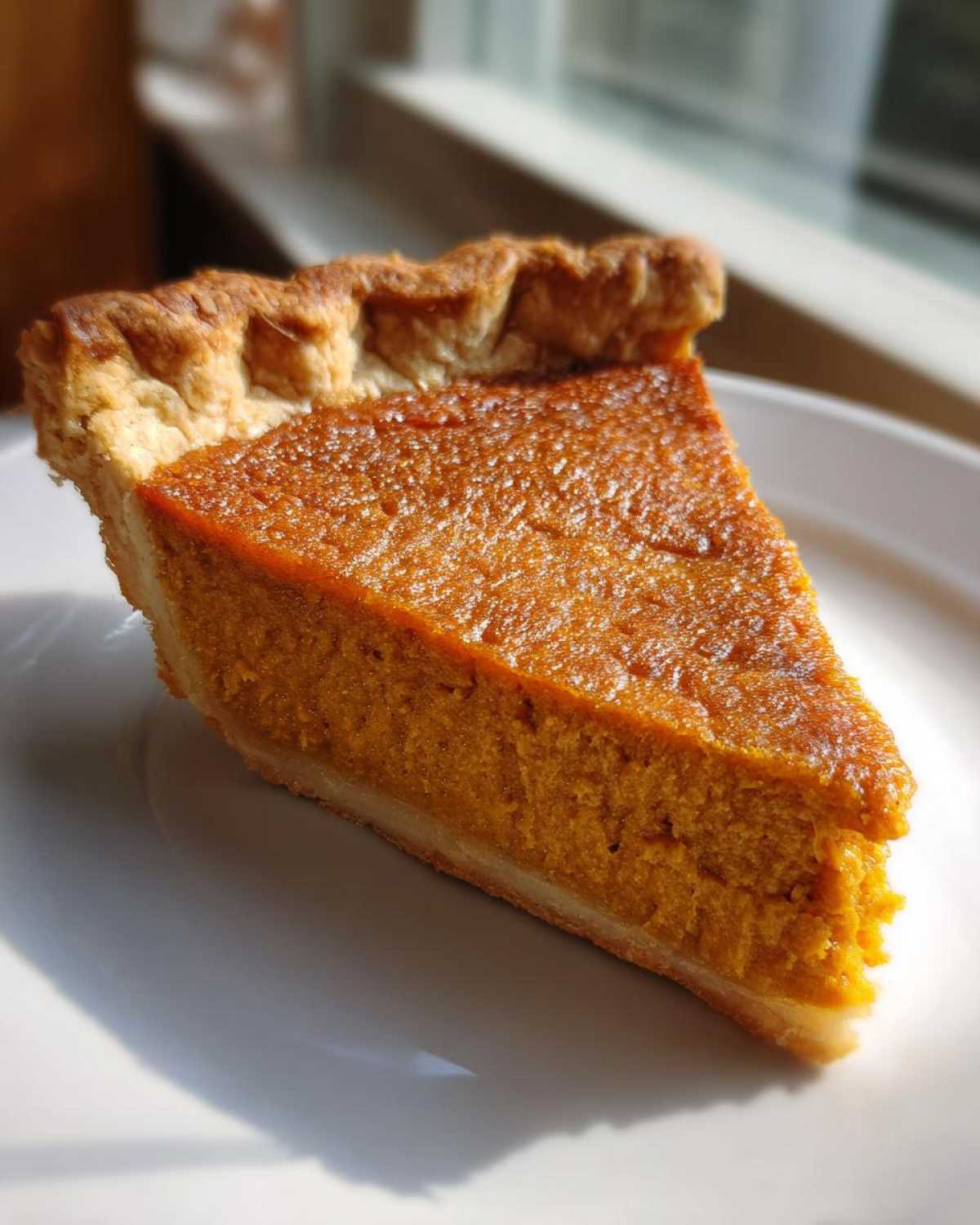 A close-up slice of rich, orange sweet potato pie resting on a white plate, highlighted by natural sunlight.