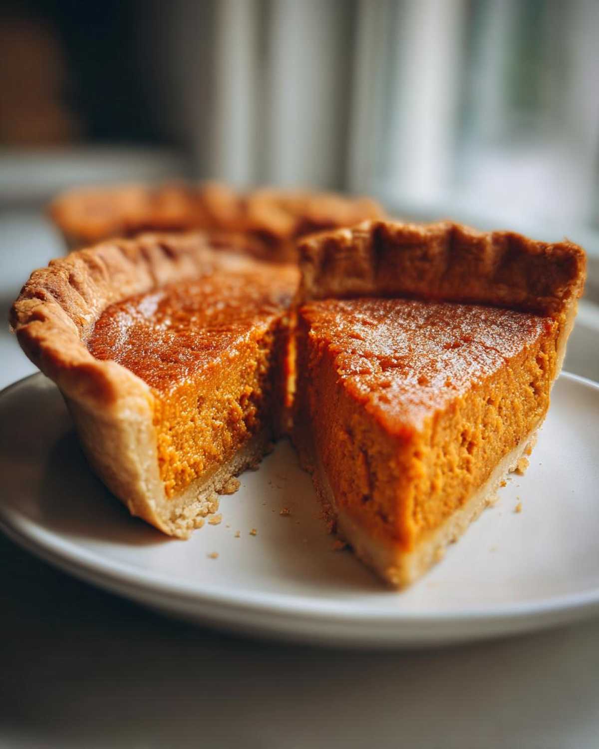 A close-up of a slice cut from an amazing sweet potato pie, showing the rich orange filling and flaky crust.