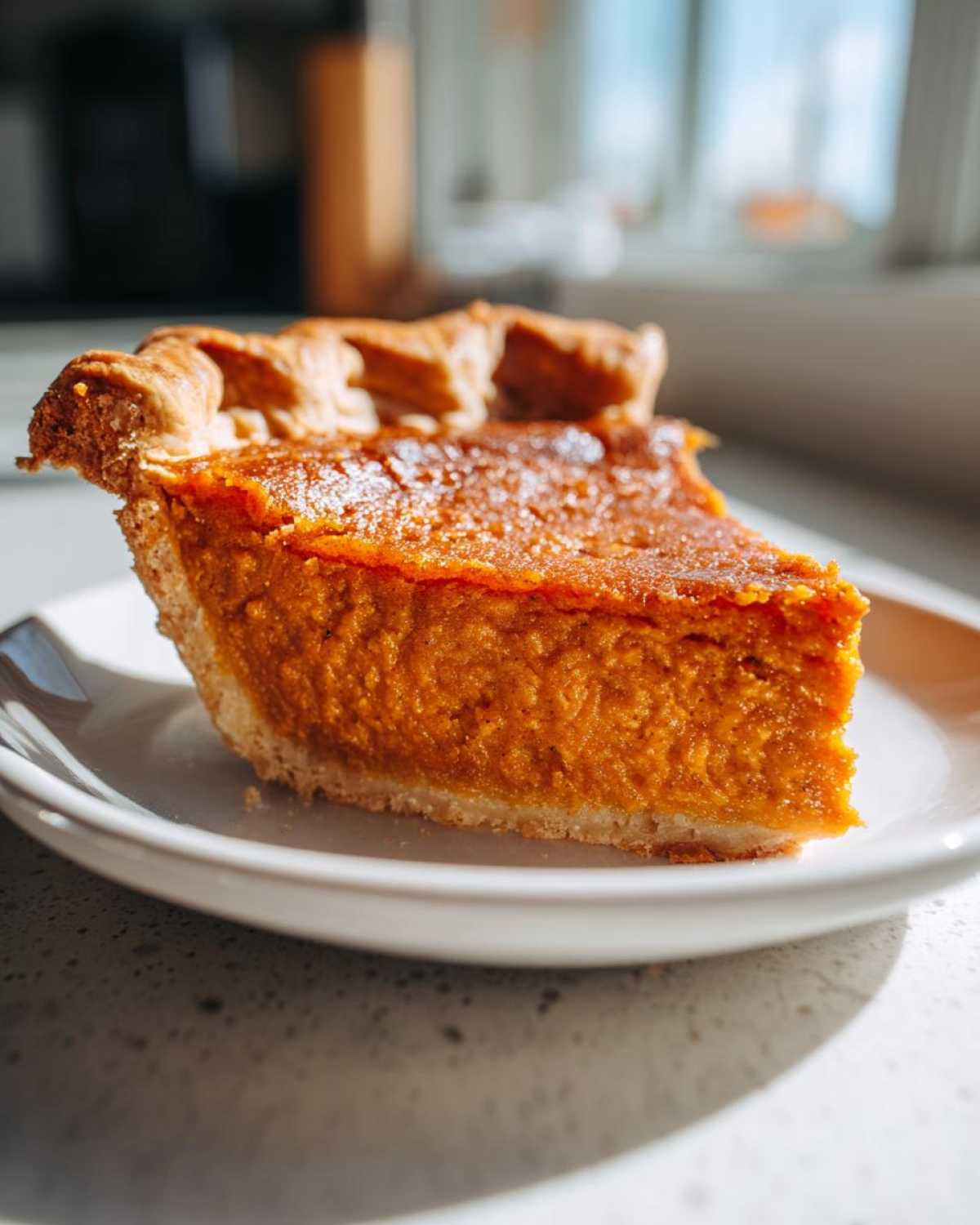 A close-up of a single slice of amazing sweet potato pie on a white plate, showing the rich orange filling and flaky crust.