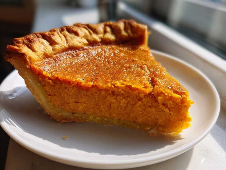A close-up, sunlit slice of rich orange sweet potato pie on a white plate.