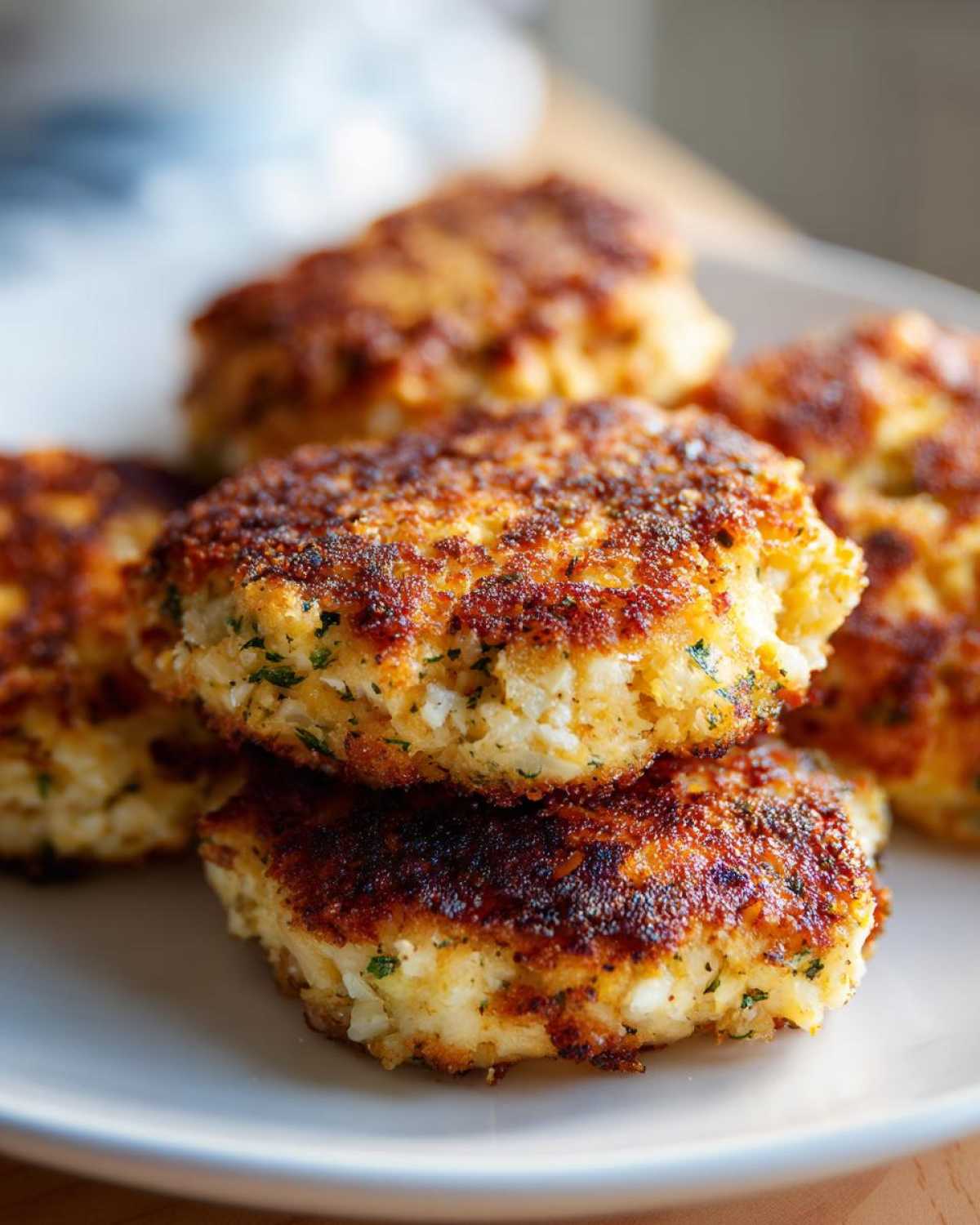 Close-up of several perfectly pan-fried tuna fish cakes stacked on a white plate, showing a crispy, golden-brown exterior.