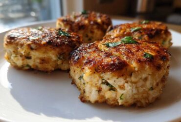 Four perfectly pan-fried tuna fish cakes with a golden crust, garnished with parsley, served on a white plate.
