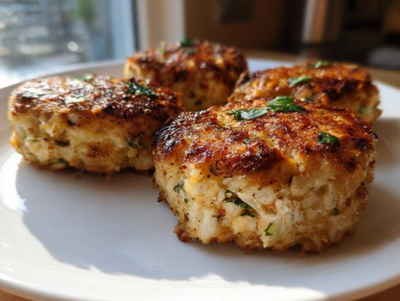 Four perfectly pan-fried tuna fish cakes with a golden crust, garnished with parsley, served on a white plate.