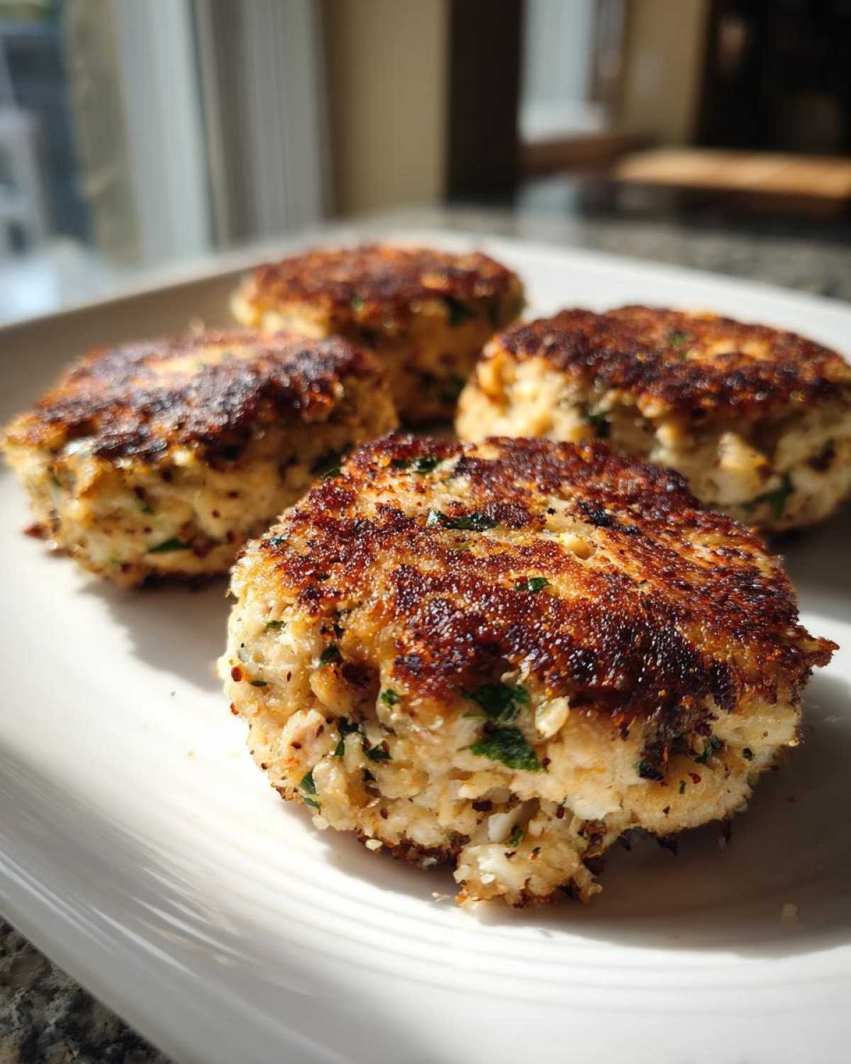 Close-up of four golden-brown, pan-seared tuna fish cakes with visible herbs, served on a white plate.