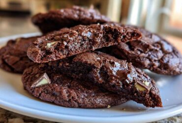 Close-up of gooey, fudgy andes mint cookies, one broken open showing melted chocolate chips and mint pieces.