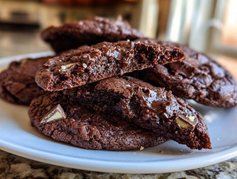 Close-up of gooey, fudgy andes mint cookies, one broken open showing melted chocolate chips and mint pieces.