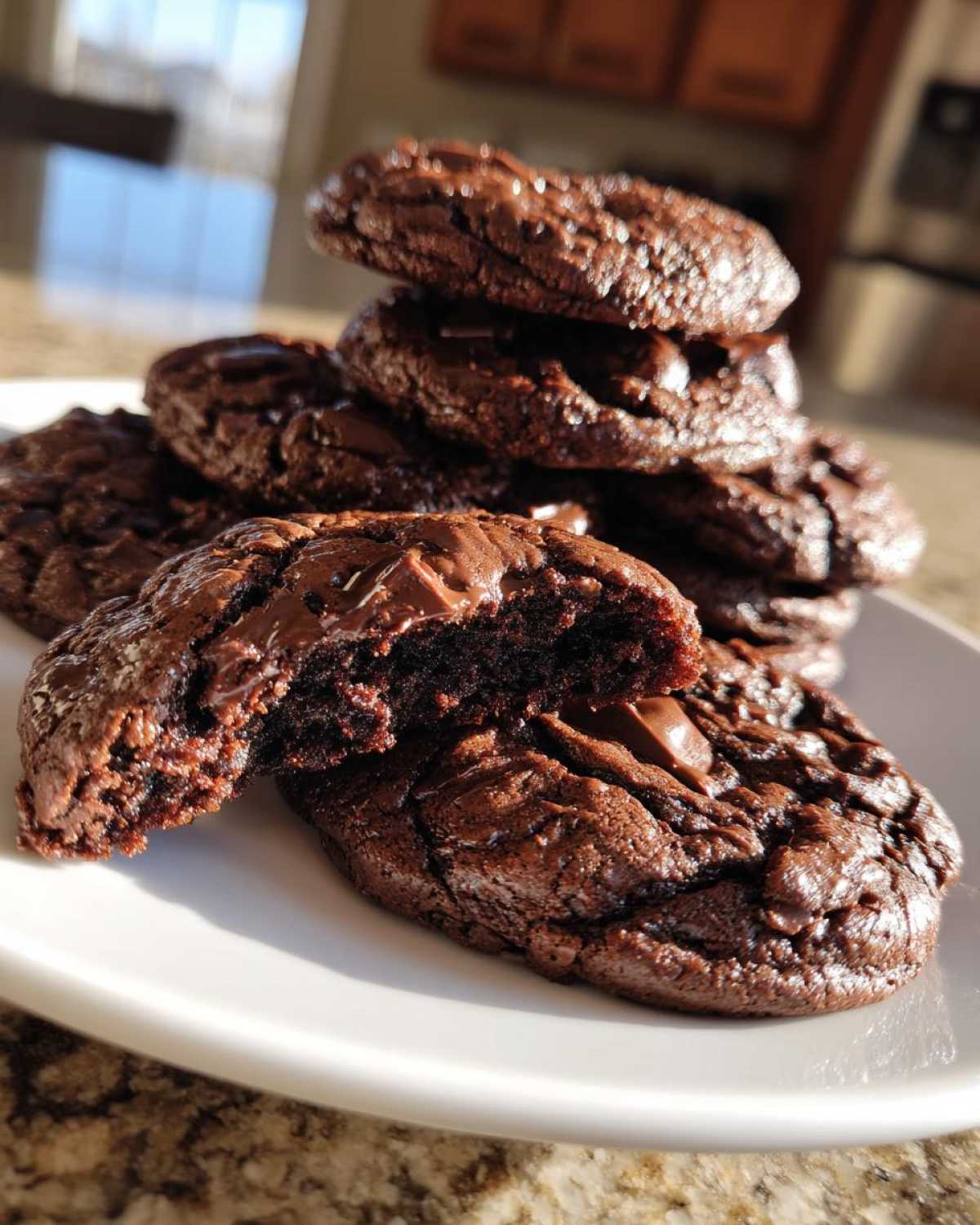 A stack of rich, fudgy andes mint cookies with one cookie broken open showing a gooey center.