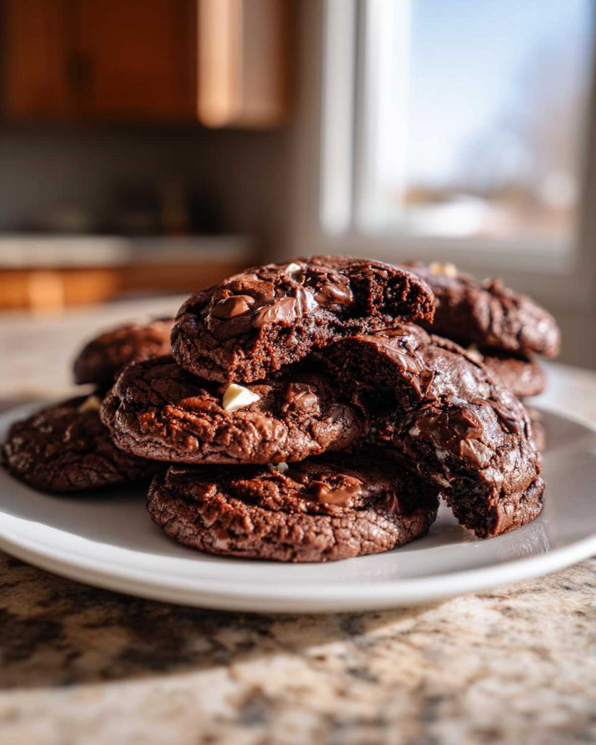 A stack of rich, dark chocolate andes mint cookies piled on a white plate, one cookie is broken open showing a gooey center.