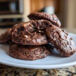 A stack of rich, dark chocolate andes mint cookies, one broken open to show the soft interior.