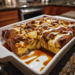 A close-up of a freshly baked apple bread pudding in a white dish, drizzled heavily with caramel and white icing.