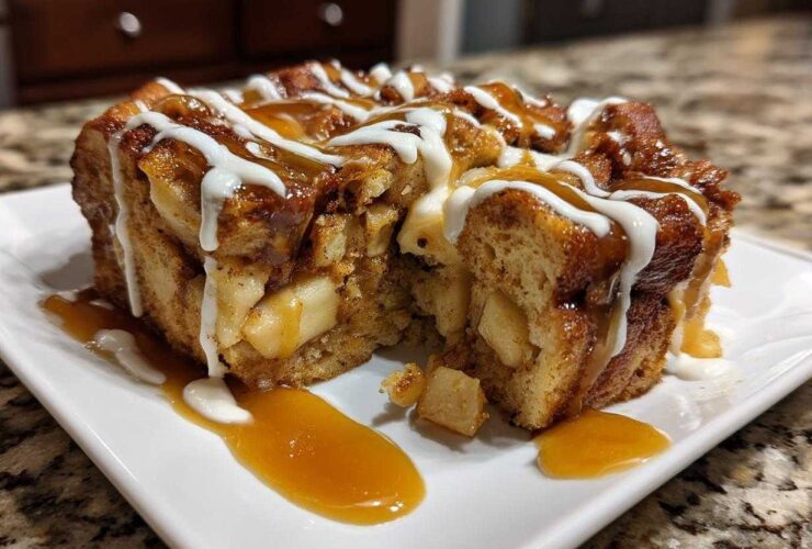 Close-up of a rich slice of apple bread pudding drizzled with caramel and vanilla icing.