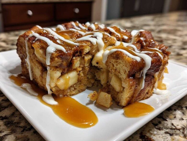 Close-up of a rich slice of apple bread pudding drizzled with caramel and vanilla icing.